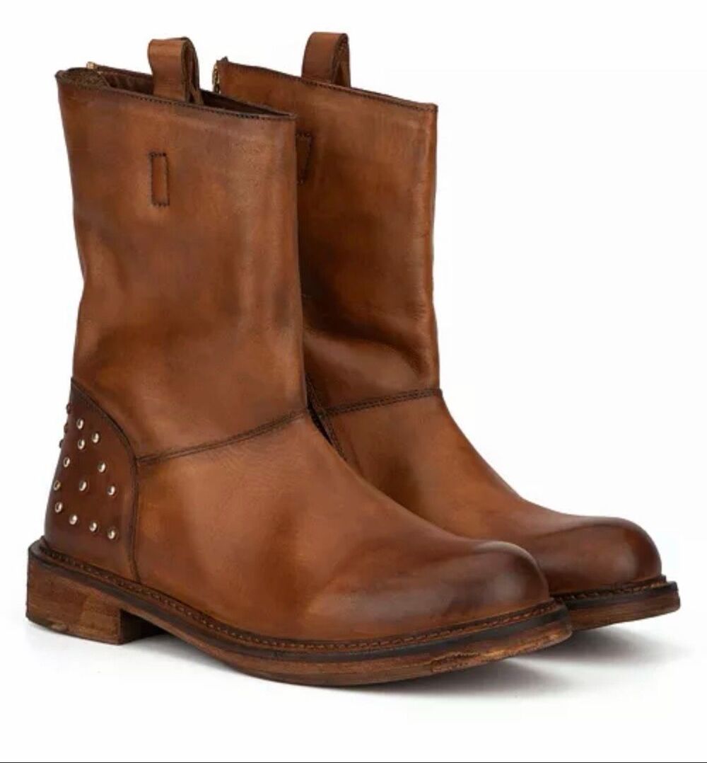 Vintage Foundry Women's Stacy Leather Studded Mid Calf Boots Tan Size 9 NWOT